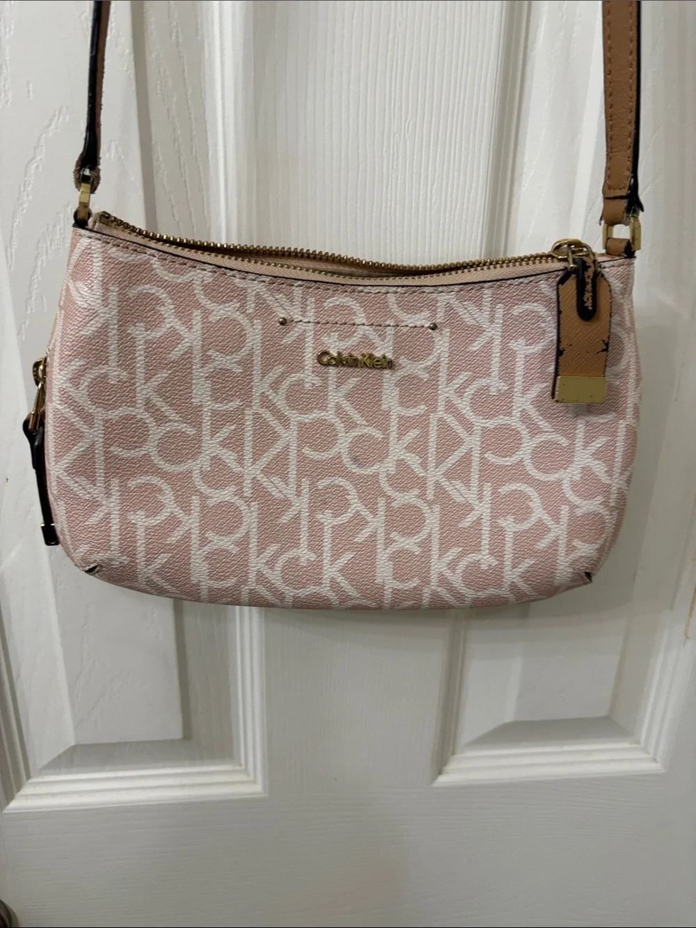 Calvin Klein Pink Logo Monogram Crossbody with Tan Strap